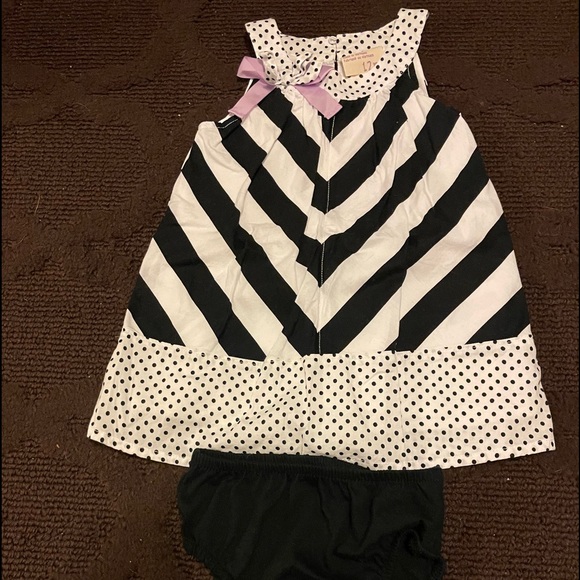 Genuine Kids👶Black & White Striped Polka Dots Dress👗Purple Bow🎀Bloomers🩲12M - Picture 1 of 5